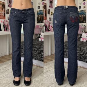 y2k mecca femme grunge embroidered low rise bootcut denim jeans size 5/6 emo